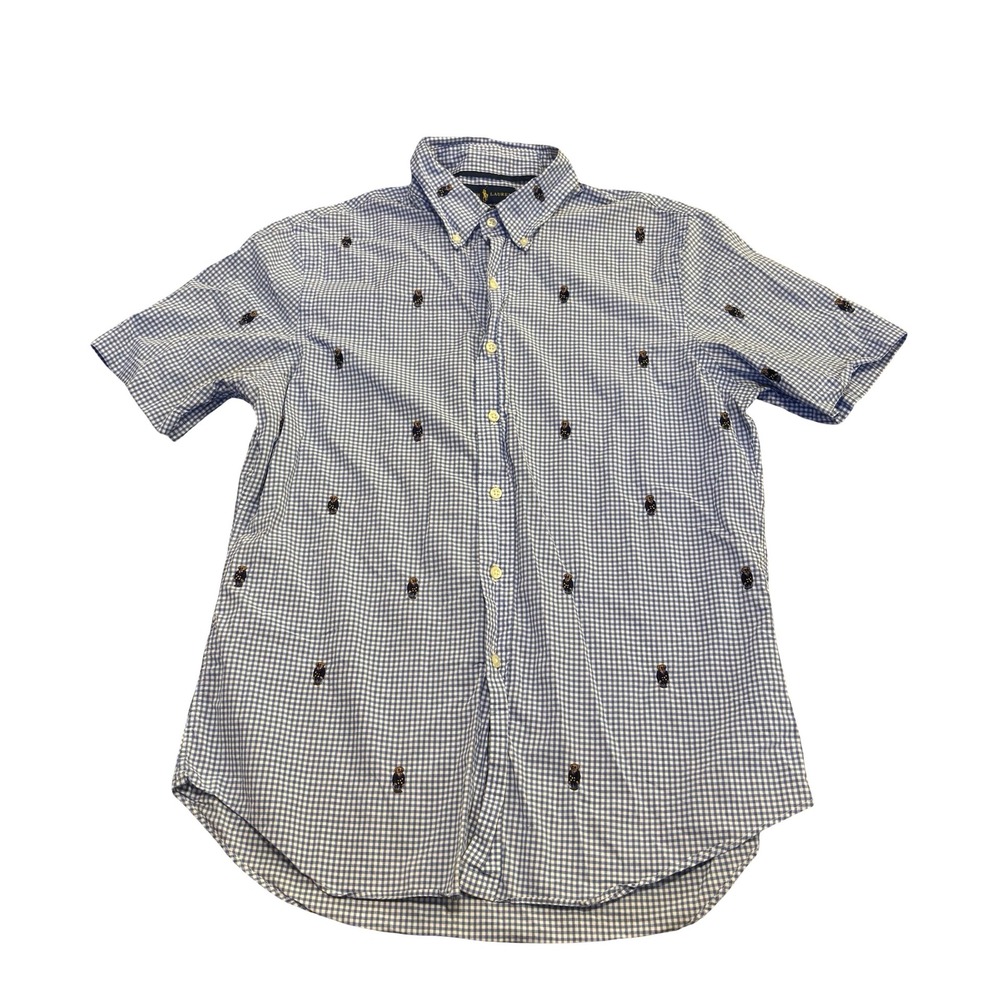 Polo Ralph Lauren Mens Blue Gingham Embroidered Polo Bear Slim Fit Shirt Large
